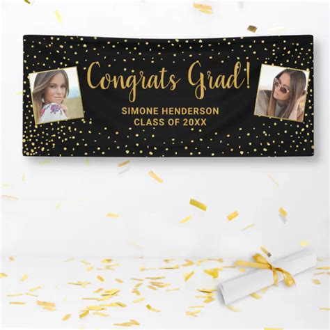 Congrats Grad Black Gold Glitter 2 Photos Custom Banner Zazzle