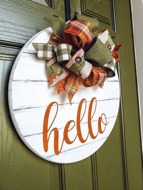 Round Door Hanger Fall Door Hanger Fall Door Wreath Hello Etsy Wooden Door Signs Fall