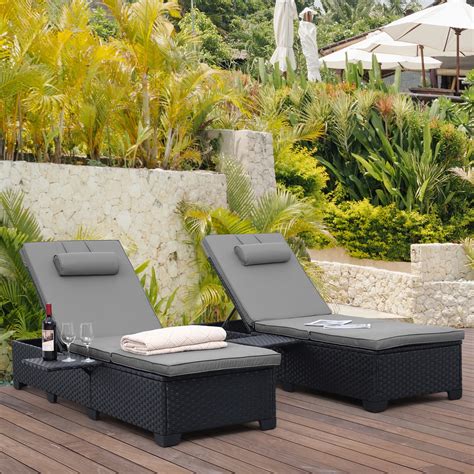 Waroom Outdoor Pe Wicker Chaise Lounge Set Of Patio Black Rattan