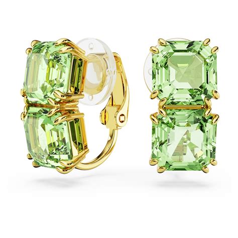 Millenia Clip Earrings Square Cut Green Gold Tone Plated Swarovski