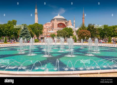 The View Of Fountain In Sultan Ahmet Park With Hagia Sophia In The