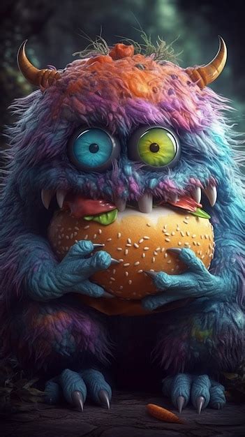 Premium Ai Image A Monster With Green Eyes Eats A Burger