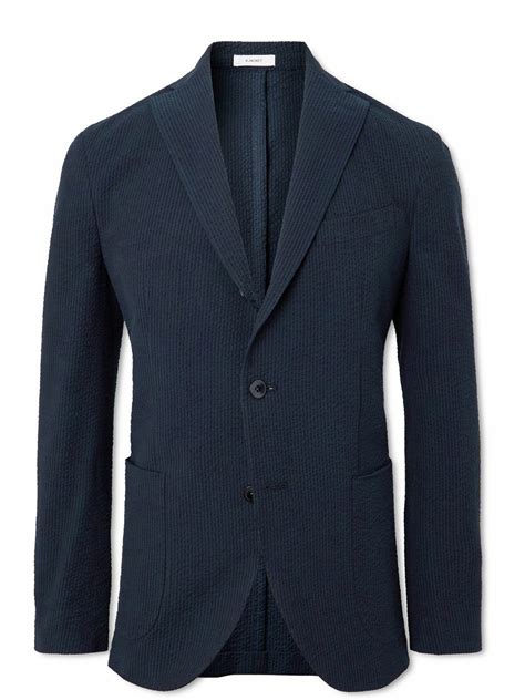 Boglioli Slim Fit Unstructured Cotton Seersucker Blazer Blue Boglioli