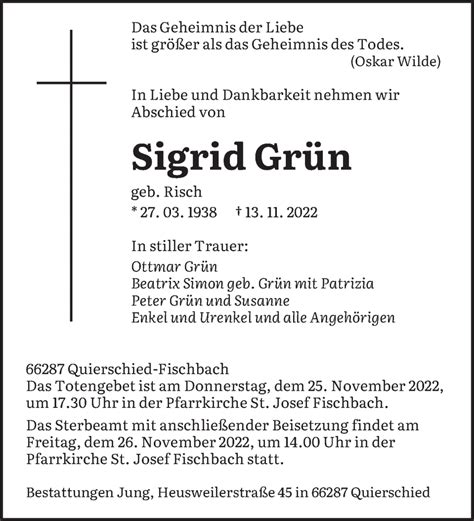 Traueranzeigen Von Sigrid Gr N Saarbruecker Zeitung Trauer De