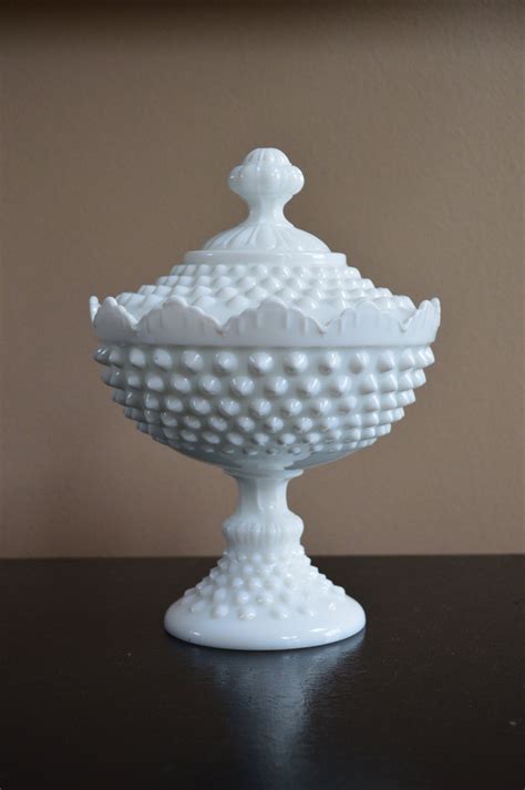 Vintage Fenton Milk Glass Hobnail Lidded Candy Dish 8 5