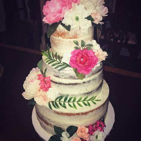 Half Iced Naked Wedding Cake Floral Pink And White Greenery Vines