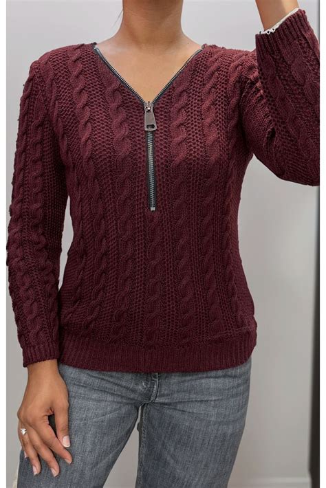 Burgundy Cable Knit Sweater With Zip At The Collar