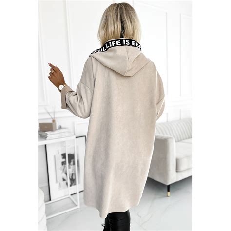 Palton Dama Casual Midi Bej Oversize Cu Gluga Si Fermoar Ilse