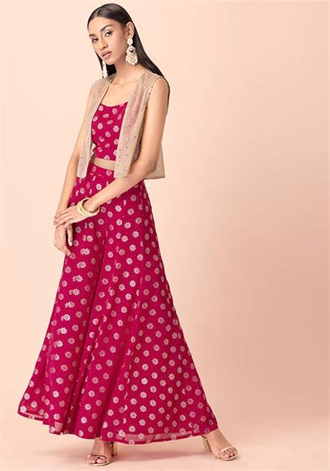 Buy Women Hot Pink Brocade Foil Flared Palazzo Pants Rtw Indya