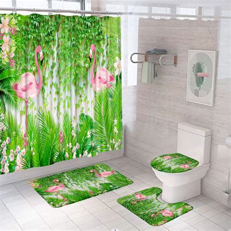 4pcs Pink Flamingo Floral Bathroom Shower Curtain Set Summer Tropical