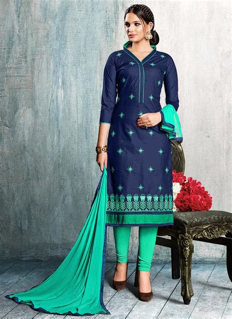 Buy Online Cotton Embroidered Blue Churidar Suit 97831