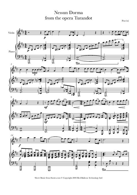 Puccini Nessun Dorma From Turandot Sheet Music For Violin