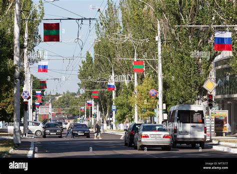 Tiraspol, Republic of Moldova, flags on the main street of the 25th ...