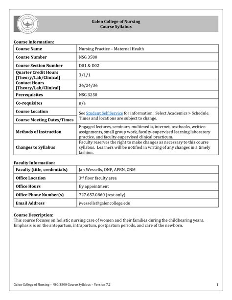 0922 NSG 3500 Syllabus Version 7 2 Wessells J Pdf 2 Galen College Of