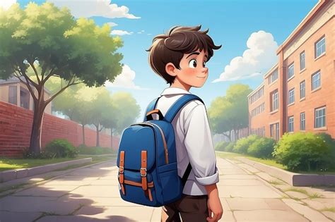 Premium Photo Cartoon Boy Goes To School Wearing A Bag On His Shoulder