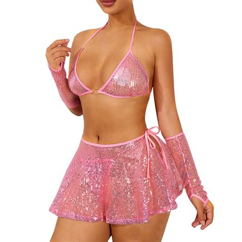 Yuivh Women Tummy Control Bikini Two Piece Glitter Swimsuit Set Sexy