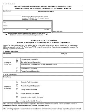 Fillable Online Michigan Certificate Of Conversion Fax Email Print