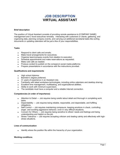 Virtual Assistant Job Description Template Download