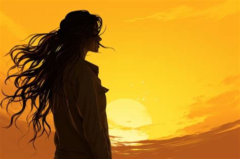 Premium Ai Image A Woman With Long Hair Standing In Front Of A Sunset