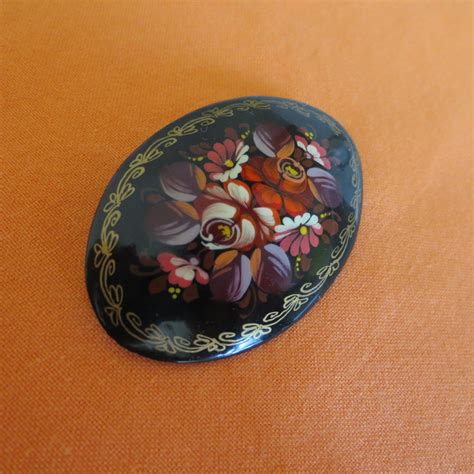 Vintage Russian Lacquer Wooden Brooch Hand Painted Flowers Etsy