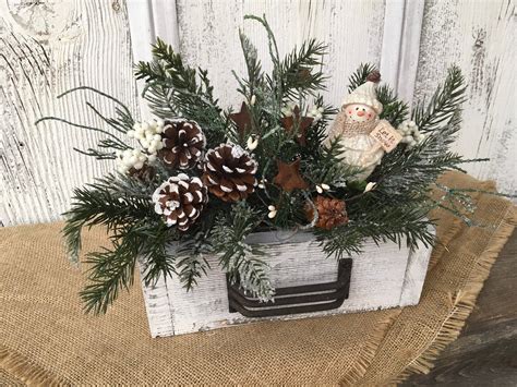 Primitive Wooden Box Winter Snowman Arrangement Winter Table Etsy