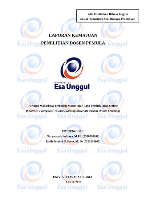 Pdf Laporan Kemajuan Penelitian Dosen Pemuladigilib Esaunggul Ac Id