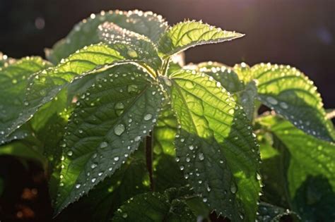 Premium AI Image Dew Drops On Mint Leaves In Early Morning Light