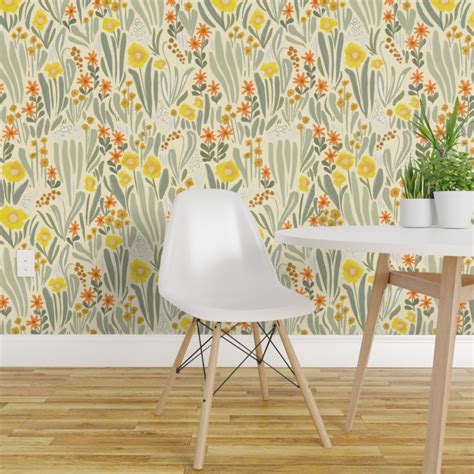 Pre Pasted Wallpaper 2ft Wide Art Nouveau Flora Sage Green Yellow Abstract Flowers Large Scale