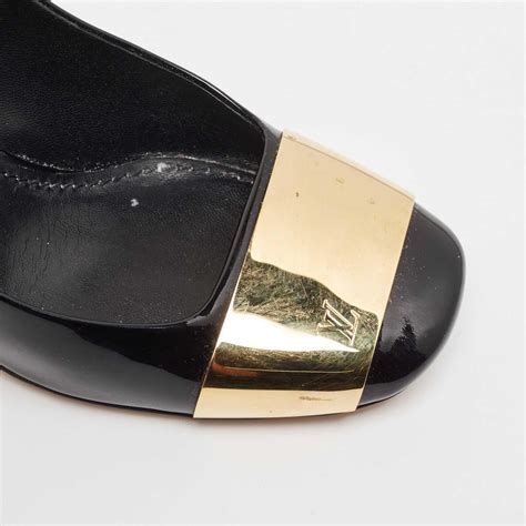 Louis Vuitton Black Patent Leather Gold Plate Block Heel Pumps Size 36