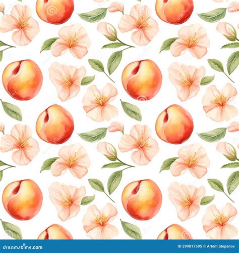 Watercolor Peach Seamless Pattern Aquarelle Peach Fruit And Leaves