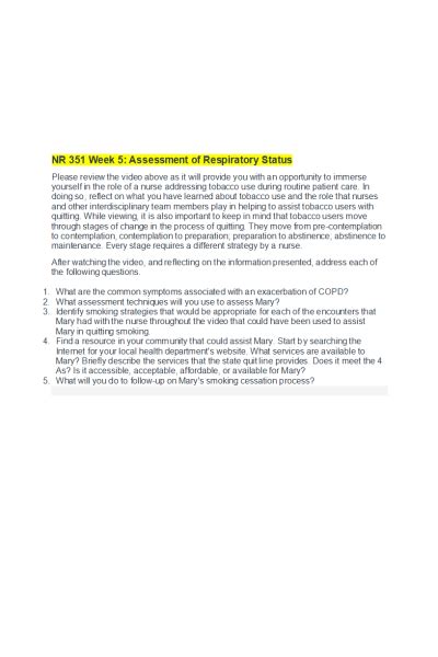 Nr Week Discussion Assessment Of Respiratory Status Course