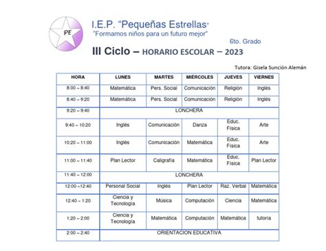 Horario 2023 Sexto Grado Pdf