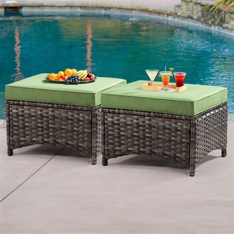 JOYSIDE Wicker Outdoor Patio Ottoman With Green Cushions Set Of 2 M74