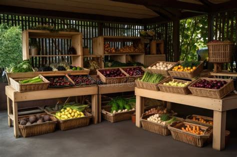 Fruit And Vegetable Stand With Fresh Produce Crates Bins And Baskets