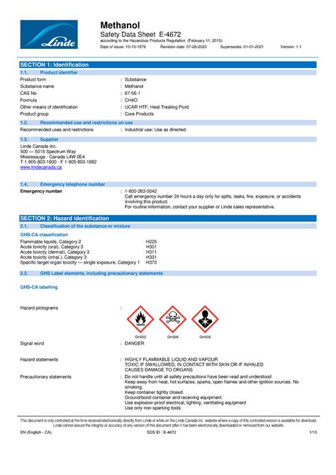 E Methanol Safety Data Sheet Sds Safety Data Sheet E According