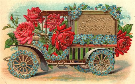 Vintage Postcard Heartiest Congratulations Gold Car Filled Red Roses