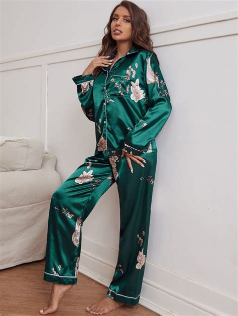 Floral Print Contrast Piping Satin PJ Set SHEIN UK