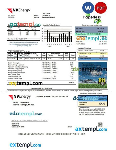 Usa Nevada Nv Energy Utility Bill Template In Word And Pdf Format By