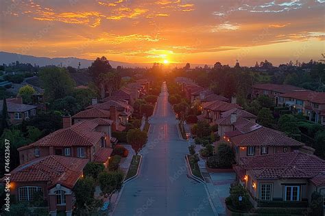 Aerial view of cul de sac neighborhood suburban street with luxury ...