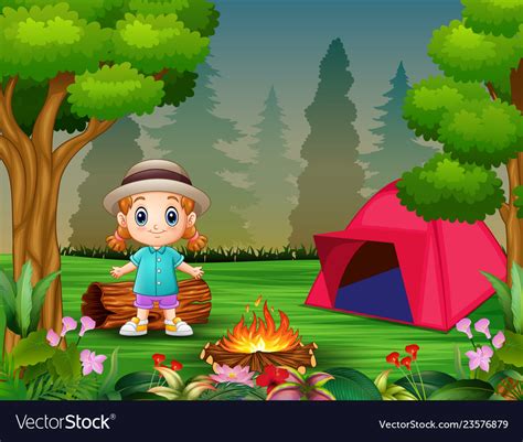 Cartoon A Little Girl Camping In Forest Royalty Free Vector