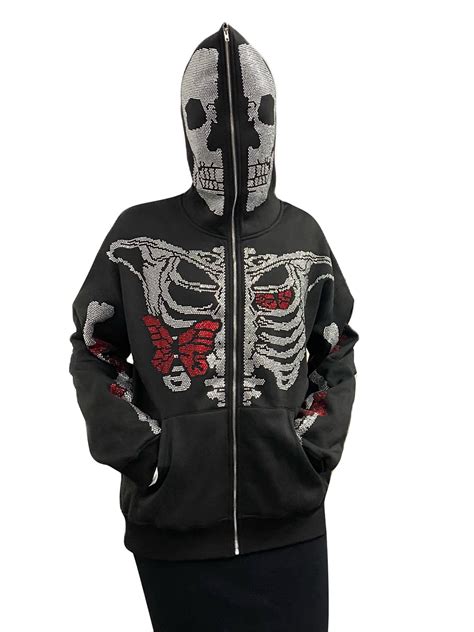 Rhinestone Graphic Hoodie With Head Coveroversized Aesthetic Skeleton