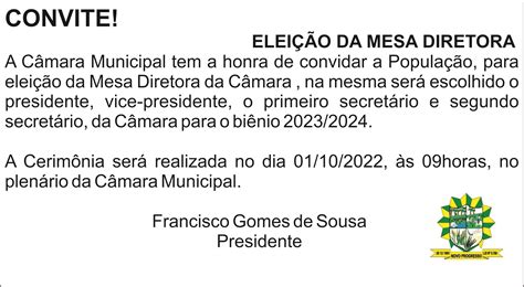 Convite Para Elei O Da Mesa Diretora C Mara Municipal De Novo Progresso