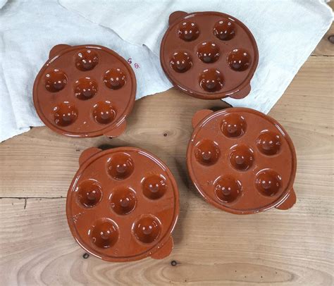 Set Of 4 Vintage French Snail Plates Terracotta Escargot Cooking