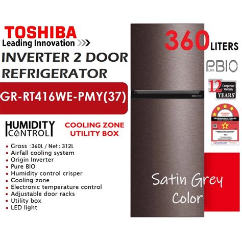 Toshiba 360l Gr Rt416we Pmy37 Satin Gray Inverter 2 Door Refrigerator