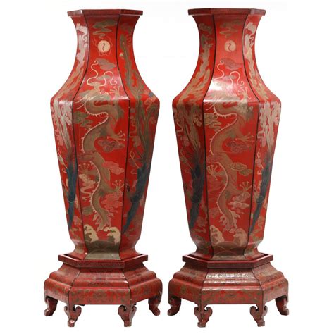 Large Pair Of Chinese Red Lacquer Imperial Vases With Painted Dragon On