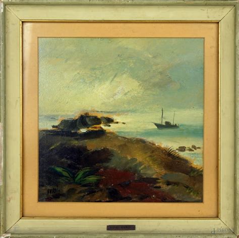 Scorcio Di Costa Con Imbarcazione Olio Su Tavola Cm 30x30 Firmato