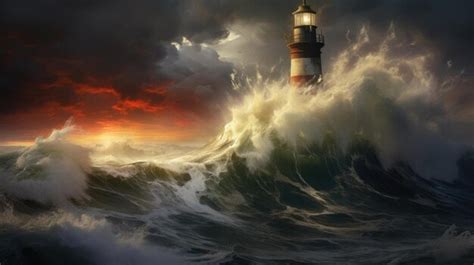 Premium Photo | Ship lighthouse storm waves sea