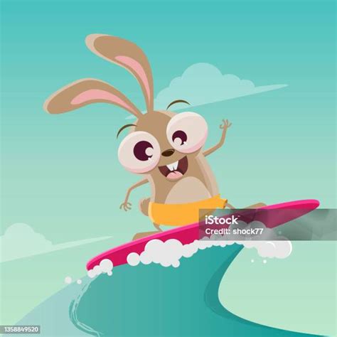 Funny Cartoon Illustration Of A Surfing Rabbit Stock Illustration