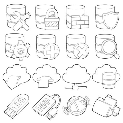 Database Symbols Icons Set Outline Style, Database Drawing, Symbols ...