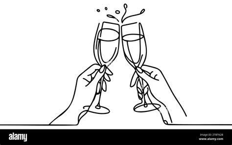 Continuous Line Champagne Cheers Hands Toasting With Wine Glasses With